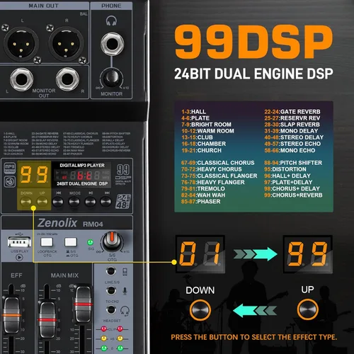 Miniatura 5 de RM04 - Mezclador de audio de 4 canales, mezclador Bluetooth, interfaz de audio USB, mezclador DJ con 2 entradas combinadas XLR, grabación de 24 bits