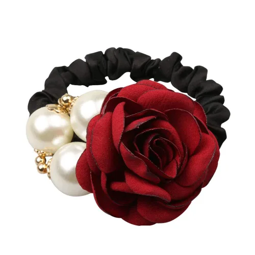 Miniatura 3 de LOVEF 4pcs Coreano Moda Perla Cuerda De Pelo Rosa Flor Rhinestone Lazos/Joyería Banda De Caucho