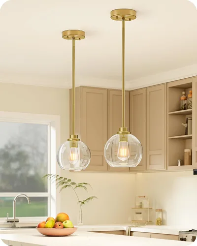 Miniatura 9 de EDISHINE Luces Colgantes para Isla de Cocina, Moderna Lámpara Colgante Dorada con Pantalla de Globo de Vidrio Transparente, Varilla de Metal Dorado
