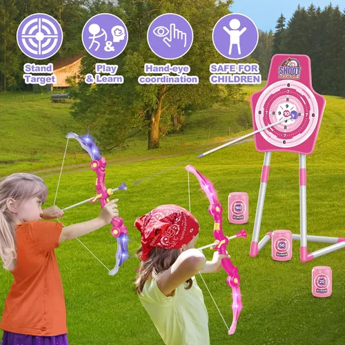 Miniatura 7 de SpringFlower 2 Bow and Arrow Sets with LED Light-up,2 Foam Dart Guns for Kids 5 6 7 8 9 10+ Years Old, Archery Set with Standing Target for Boys &
