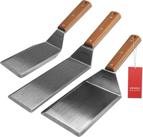 Juego de espátulas de acero inoxidable, juego de espátulas para parrilla con mango de espiga completa y bordes biselados, espátula larga y ancha