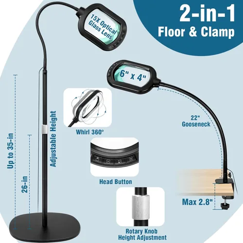 Miniatura 7 de Lupa grande con luz y soporte, lente de vidrio real óptico rectangular de 10X, lámpara de pie de lupa de cuello de cisne ajustable en altura, 5