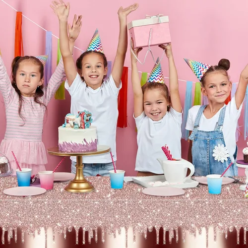 Miniatura 7 de 3 piezas de manteles de plástico con lentejuelas de color oro rosa para fiestas de cumpleaños, con estampado de diamantes de purpurina, fondo