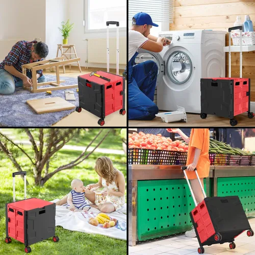Miniatura 3 de Carrito de Compras Utilitario Plegable Portátil Rodante Caja con Carretilla de Mano con Rueda Giratoria de 360°, Tapa Oculta, Mango Telescópico Rojo
