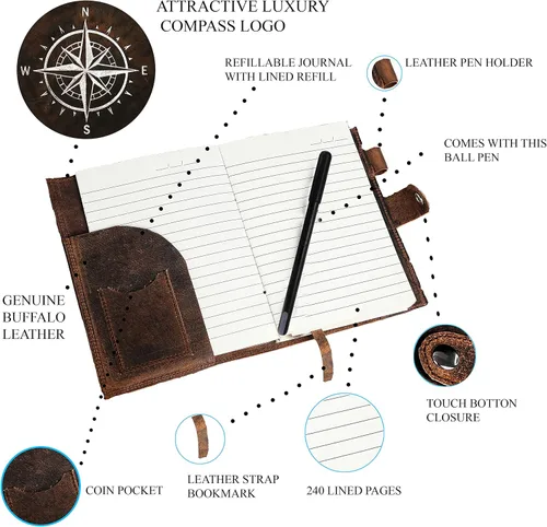 Miniatura 4 de Diario de cuero para hombres y mujeres – Cuaderno de cuero de brújula forrado recargable de alta calidad con bolígrafo, ranura para monedas