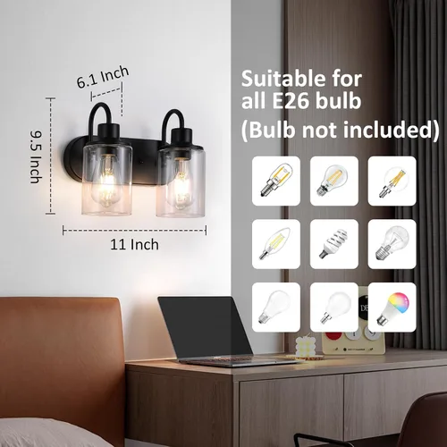 Miniatura 2 de Lámpara de baño negra mate sobre espejo, lámpara de tocador de baño de 2 luces con pantalla de vidrio transparente, apliques de pared modernos