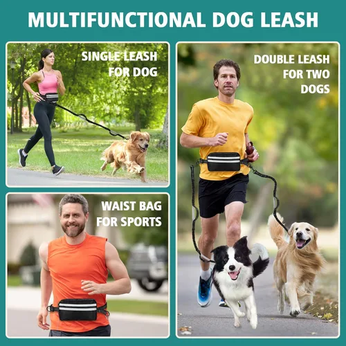 Miniatura 4 de Correa doble para perros con cierre de seguridad, bolsa de cintura para 2 perros Extra-Thick Shock Absorbing Waist Belt, for Dog Walking Running