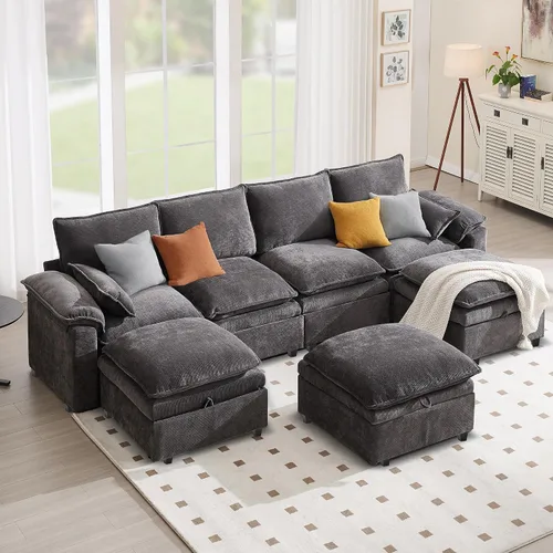 Miniatura 9 de Sofá Seccional Modular en Forma de L de 100", Sofá con Almacenamiento Otomano, Sofá Nube de Chenilla con Asientos Profundos y Mullidos para Sala
