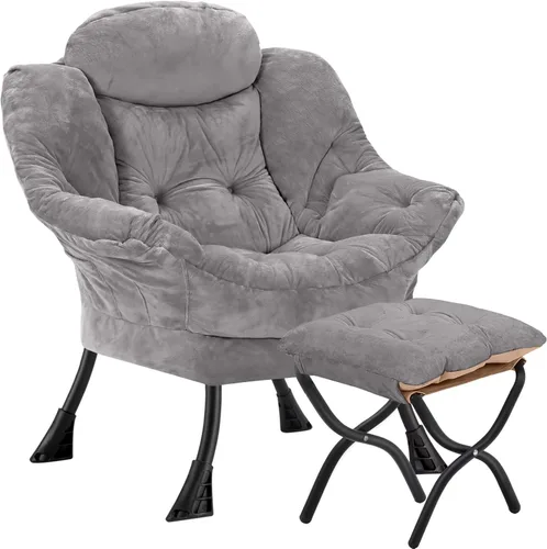 Miniatura 22 de Silla perezosa con otomana plegable, sofá de ocio, sillón de tela suave con reposabrazos y bolsillos laterales, silla de lectura con reposapiés