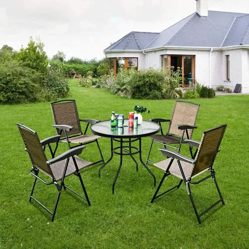 Miniatura 2 de Tangkula Juego de 5 piezas para patio bistró, con 4 sillas plegables y mesa superior de vidrio templado con agujero para sombrilla de 2 pulgadas