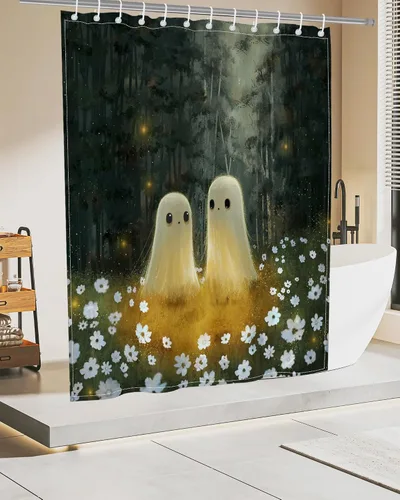 Miniatura 7 de Lindameler Cortina de ducha de Halloween de tela espeluznante, bonita cortina de baño de fantasma, decoración con 12 ganchos de 72 x 72 pulgadas