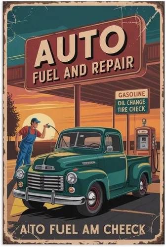Retro Auto Fuel And Repair Poster Vintage Gas Station Wall Art Auto Fuel Service Print for Garage And Bar Decor Canvas Posters Unframe-style