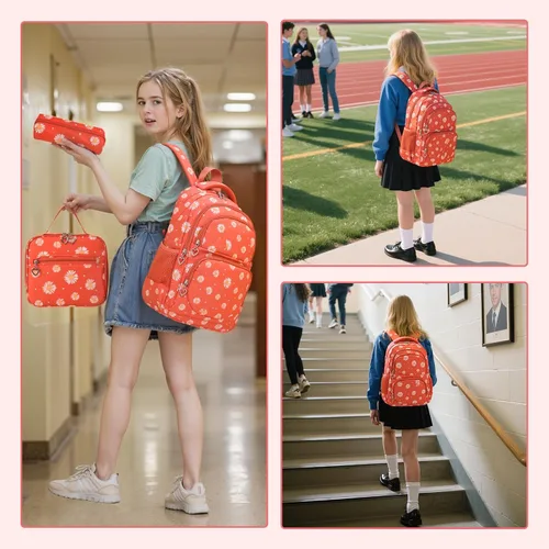 Miniatura 20 de goldwheat Mochilas impresas margaritas con paquete de almuerzo, estuche de lápices 3pcs, bolsa ligera resistente al agua para la escuela secundaria