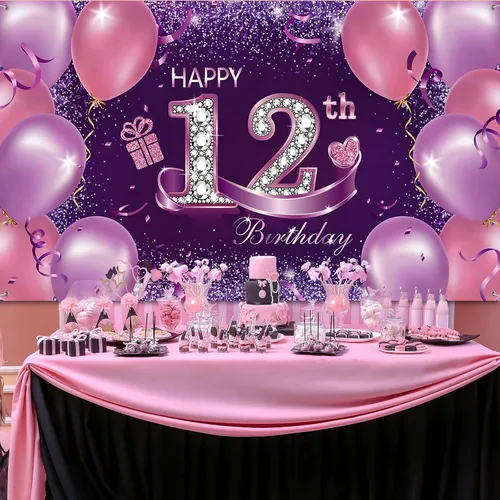 Miniatura 4 de Decoraciones de fiesta de cumpleaños, pancarta grande de tela de feliz 12 aniversario, fondo de cabina de fotos rosa y morado con cuerda para fiesta