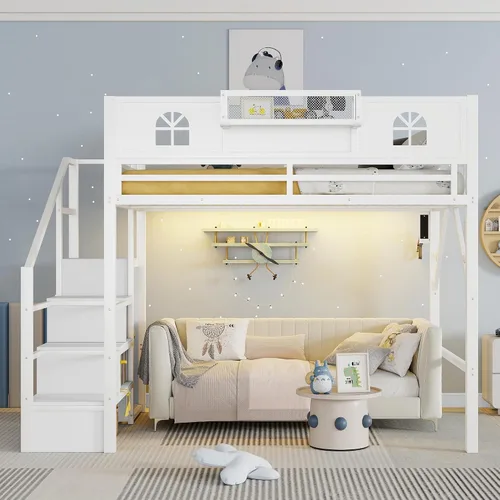 Miniatura 11 de SOFTSEA Cama tipo loft de metal completo con escaleras y armario, cama alta para niños con barandillas en forma de casa y estantes de Negro