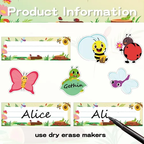 Miniatura 3 de BeYumi Juego de 60 placas de identificación de insectos, detalles de aula, etiquetas de nombre para el regreso a clases, mariposa, mariquita, abeja