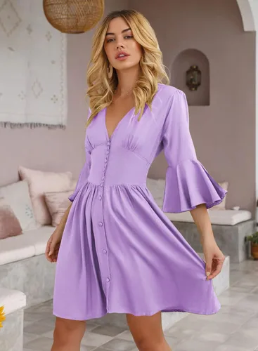 Miniatura 2 de Mini vestido casual de verano para mujer, vestido con botones, manga corta, cintura alta, longitud hasta la rodilla, vestido de túnica liso fruncido
