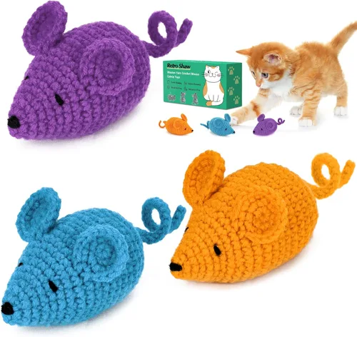Miniatura 10 de Retro Shaw Juguetes de hierba gatera de ganchillo, 6 piezas de hilo para pezón de gato, ratones seguros para limpieza de dientes, juguete masticable