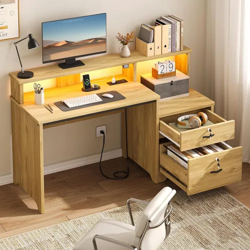 Miniatura 2 de Bestier Escritorio para computadora de 55 pulgadas con tomas de corriente y luces LED, escritorio de oficina en casa con cajón de archivos