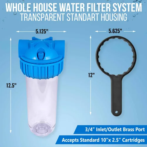 Miniatura 2 de Sistema de filtro de agua estándar transparente de 10 pulgadas para toda la casa con válvula de alivio de presión, puerto de latón de entrada/salida