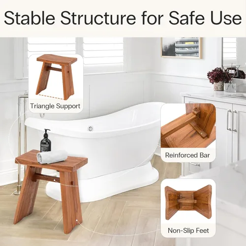 Miniatura 4 de StrongTek Taburete de ducha de teca, banco de baño de madera de teca maciza preaceitada de 18 pulgadas para baño, spa y hogar, asiento ergonómico