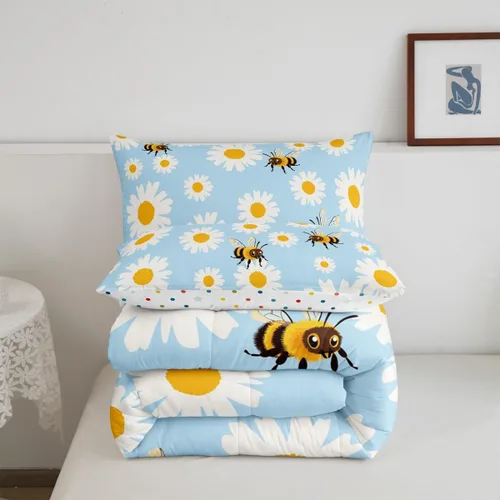 Miniatura 5 de Erosebridal Juego de edredón de abeja de dibujos animados, tamaño individual, juego de ropa de cama floral de margarita blanca lisa para niños
