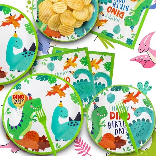 Miniatura 2 de 96 piezas de suministros de fiesta de dinosaurios, decoración de fiesta de cumpleaños con temática de dinosaurio, incluye platos, servilletas