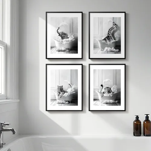 Miniatura 14 de Arte de pared divertido de vaca de las tierras altas enmarcado para baño, 4 piezas de divertidos animales, impresiones artísticas azul marino, linda