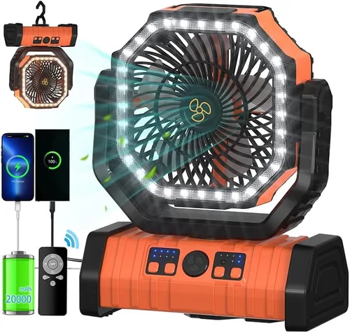 Miniatura 9 de ADUST Ventilador Portátil de Campamento con Batería, Ventilador con Luz LED 20000mAh Recargable, Oscilación Automática, Rotación de 270°, Gancho