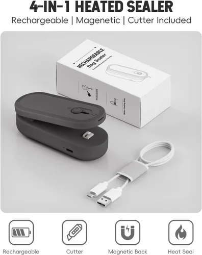 Miniatura 8 de Mini sellador de bolsas con cortador e imán, resellador de bolsas recargable de 1800 mAh de mano, sellador térmico portátil para bolsas