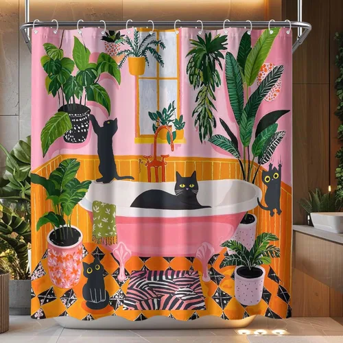 Miniatura 11 de Divertida cortina de ducha con diseño de gatos negros, estilo bohemio, bonita, divertida, para baño, gatito, verde, hojas tropicales, beige, marrón