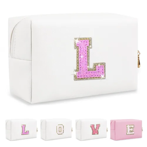 Miniatura 363 de Pequeña bolsa de maquillaje personalizada con inicial A-Z Preppy Patch, bolsa de cosméticos de viaje de felpilla blanca con cremallera, bonita bolsa