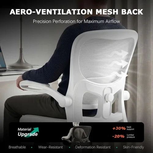 Miniatura 4 de AreShark Silla de oficina ergonómicas con soporte lumbar ajustable, silla de malla transpirable con respaldo alto con ruedas y reposabrazos Blanco