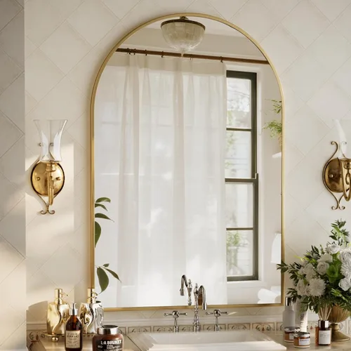Miniatura 11 de XRAMFY Espejo de Pared Arqueado de 26" x 38" para Baño, Espejo de Tocador Dorado para Dormitorio, Sala de Estar, Entrada, Espejo Colgante Decorativo