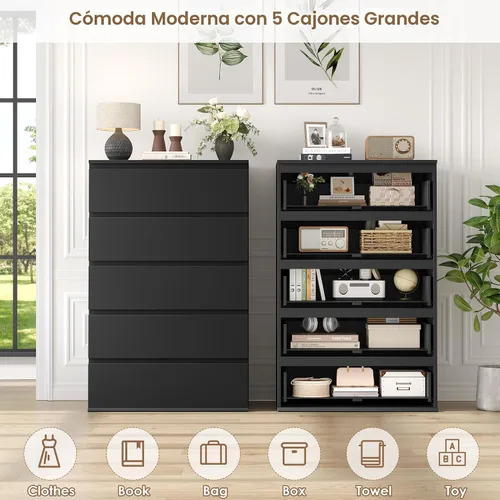 Miniatura 6 de FOTOSOK Cómoda negra, cajón alto negro con 5 cajones con gran espacio de almacenamiento, cómoda moderna, 23.6 pulgadas de largo x 17.6 pulgadas