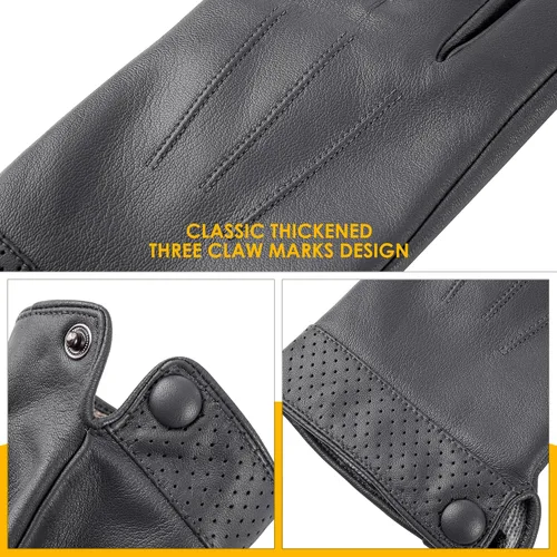 Miniatura 5 de Dsane Guantes de cuero de oveja genuina de invierno para hombres, guantes de motocicleta de conducción con forro de cachemira para pantalla táctil