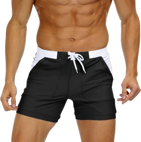 MAGNIVIT Traje de baño para hombre, color liso, básico, largo, deportivo, pantalones cortos con bolsillos