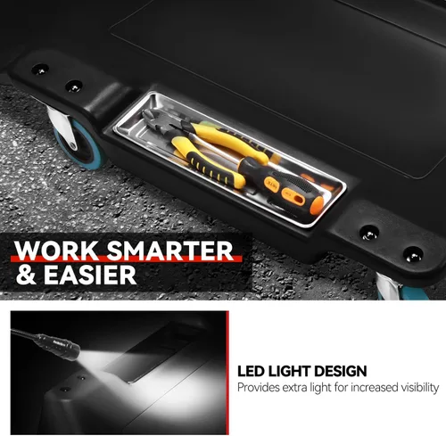 Miniatura 3 de Auto Dynasty Tablilla rodante de 40 pulgadas para reparación mecánica automotriz en el garaje, de perfil bajo, con luz LED y reposacabezas Negro