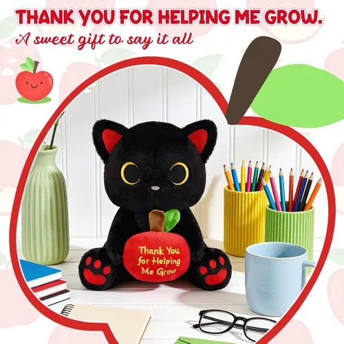Miniatura 2 de Peluche de gato negro con manzana roja, regalo de agradecimiento para profesores, agradecimiento por ayudarme a crecer, bonito peluche de gato de 8
