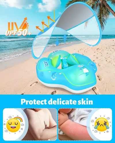 Miniatura 2 de LAYCOL - Flotador inflable de natación para bebé con anillo de flotación para piscina y toldo de protección solar, cola añadida, no se voltea