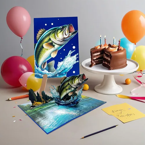 Miniatura 7 de Bass Fish - Tarjeta de felicitación emergente 3D Diseño de tarjeta de cumpleaños emergente hecha a mano simbólica para cumpleaños, aniversarios