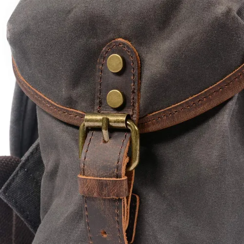 Miniatura 4 de Cuero genuino lona encerada mochila viaje mochila portátil bolsa Gris