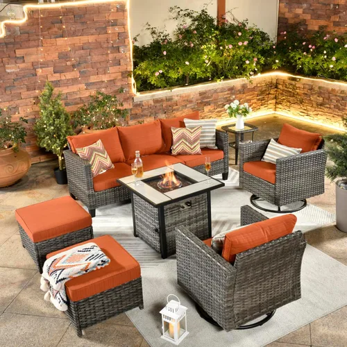 ovios Juego de muebles de patio de 7 piezas con mesa cuadrada para hoguera, sillas mecedoras giratorias, juego de conversación de mimbre de respaldo