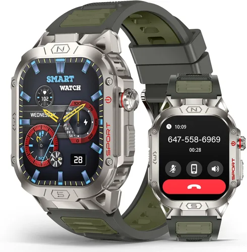 Miniatura 9 de SOUYIE Reloj inteligente militar para hombre para responder/hacer llamadas, reloj inteligente deportivo al aire libre de 2.02 pulgadas con linterna