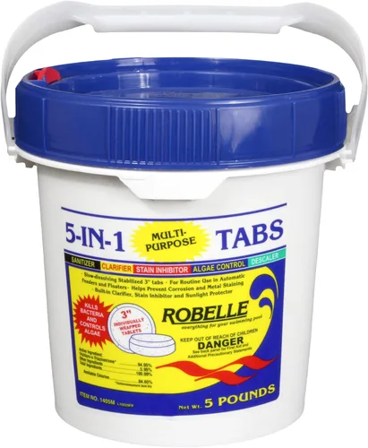 Robelle tabletas multipropósito premium 5 en 1 de 5 libras, tabletas de cloro de 3 pulgadas, desinfectante, clarificador, inhibidor de manchas,