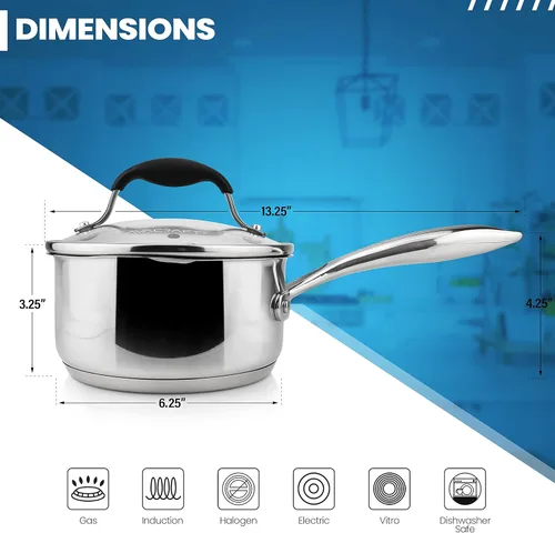 Miniatura 3 de AVACRAFT Cacerola de acero inoxidable con tapa de filtro de vidrio, dos boquillas laterales para verter fácilmente con mango ergonómico, olla