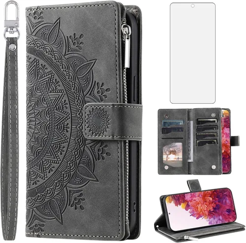 Asuwish Funda de teléfono para Samsung Galaxy S20 FE 5G 6.5 pulgadas Funda tipo cartera con protector de pantalla Mandala Flower Flip Zipper Gris