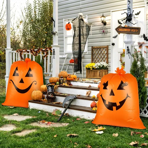 Miniatura 4 de Paquete de 12 bolsas de basura de plástico resistentes con lazos giratorios, 6 diseños de bolsas de basura grandes de calabaza para jardín, césped