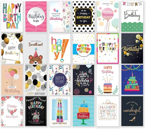 Miniatura 3 de Surtido de 50 tarjetas de feliz cumpleaños únicas grandes de 5 x 7 pulgadas con 25 sobres blancos y 25 marrones, calcomanías y felicitación genérica