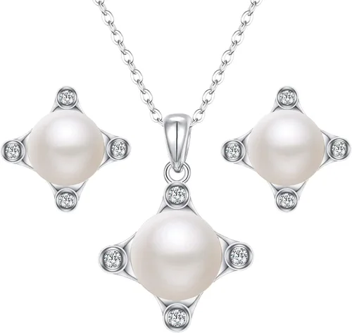 EleQueen 925 Sterling Silver CZ AAA Button Cream Freshwater Cultured Pearl Bridal Pendant Necklace Earrings Jewelry Set for Women Wedding,